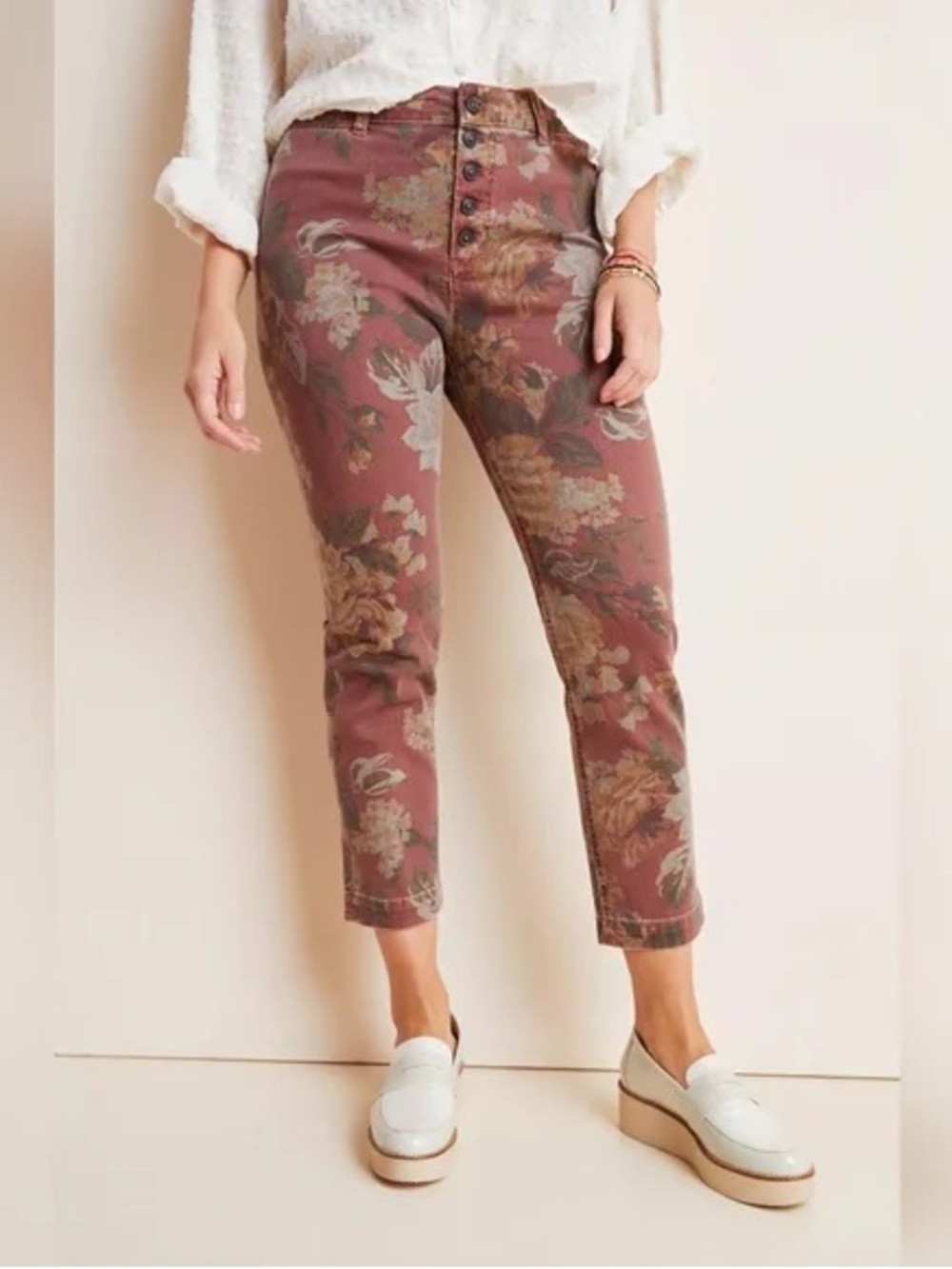 Pilcro for Anthropologie High rise slim ankle button fly floral jeans size 30